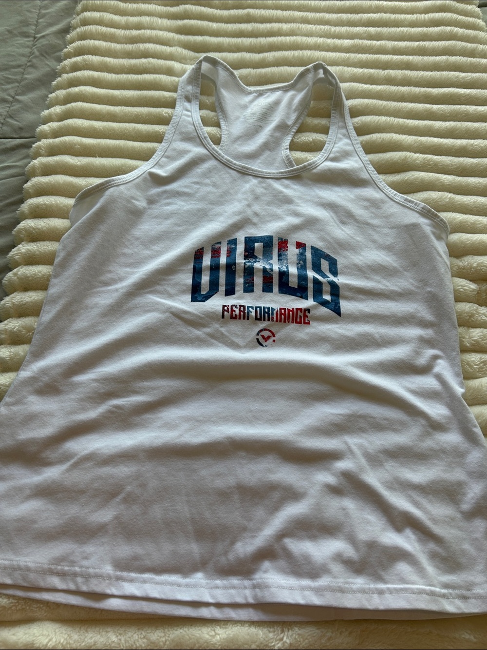 Virus White Racerback Tank with Blue and Red Logo
